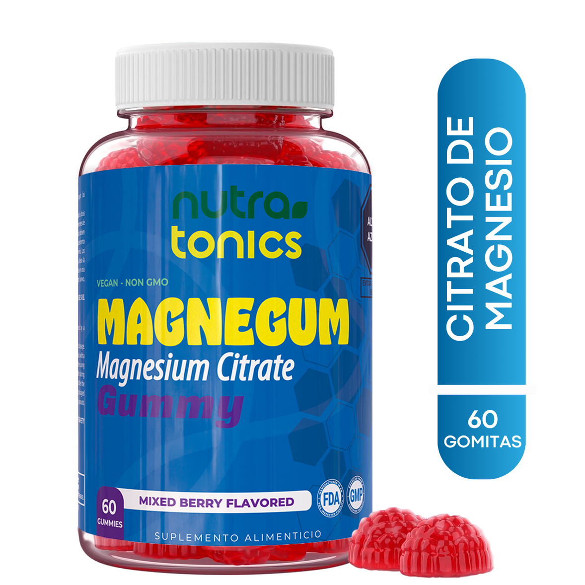 Citrato de Magnesio 957mg – Magnegum | 60 Gomitas Veganas | Nutratonics | No GMO | Sabor Mix Berry