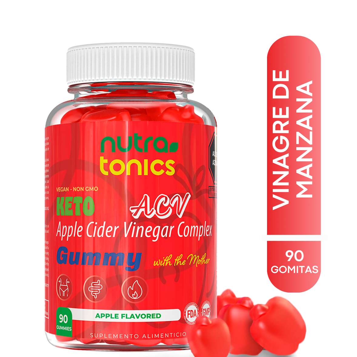 Vinagre de Manzana con The Mother – Keto ACV | 90 Gomitas Veganas | Nutratonics | No GMO | Sabor Manzana
