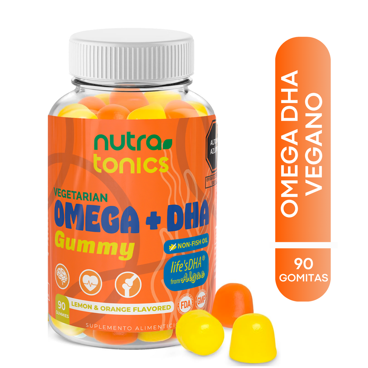 Omega 3 + DHA Vegano – Sin Aceite de Pescado | 90 Gomitas | Nutratonics | No GMO | Sabor Limón y Naranja